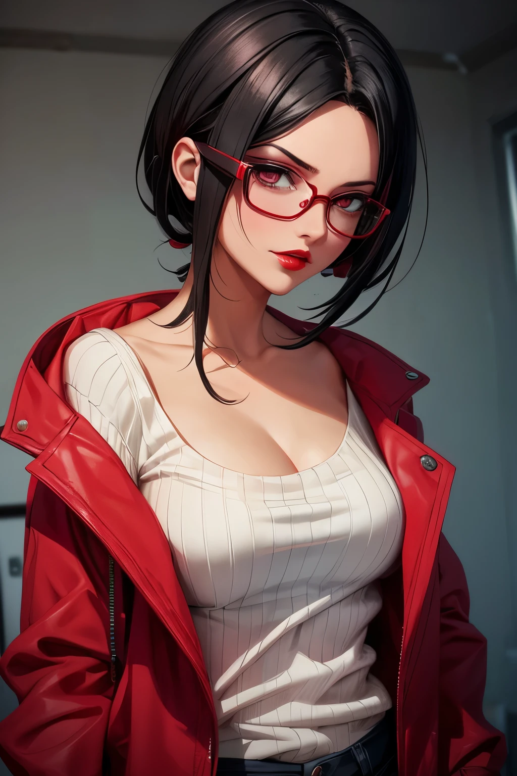 Adult Sarada Uchiha, CG 8k ultra-realista, beautiful woman, seductive eyes, make-up, red lips, casual clothes
