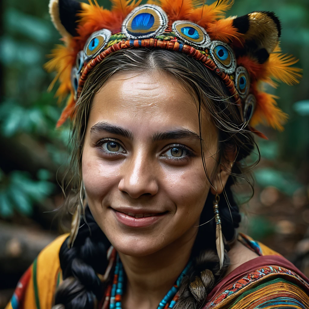 Masterpiece, absurdres,award winning photo, extremely detailed, amazing, fine detail, extremely detailed eyes and face, by lee jeffries nikon d850 film stock photograph 4 kodak portra 400 camera f1.6 lens rich colors hyper realistic lifelike texture dramatic lighting unrealengine trending on artstation cinestill 800 tungsten, beautiful 25 years old woman, smiling, excited, NativAm, a woman in a native dress , wearing NativAm, feathers on her head , braids, sitting in the forest and mountain with her tiger