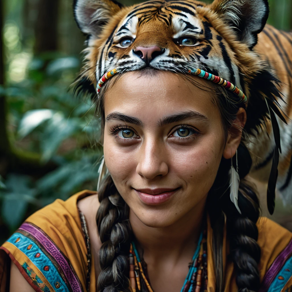 Masterpiece, absurdres,award winning photo, extremely detailed, amazing, fine detail, extremely detailed eyes and face, by lee jeffries nikon d850 film stock photograph 4 kodak portra 400 camera f1.6 lens rich colors hyper realistic lifelike texture dramatic lighting unrealengine trending on artstation cinestill 800 tungsten, beautiful 25 years old woman, smiling, excited, NativAm, a woman in a native dress , wearing NativAm, feathers on her head , braids, sitting in the forest and mountain with her tiger