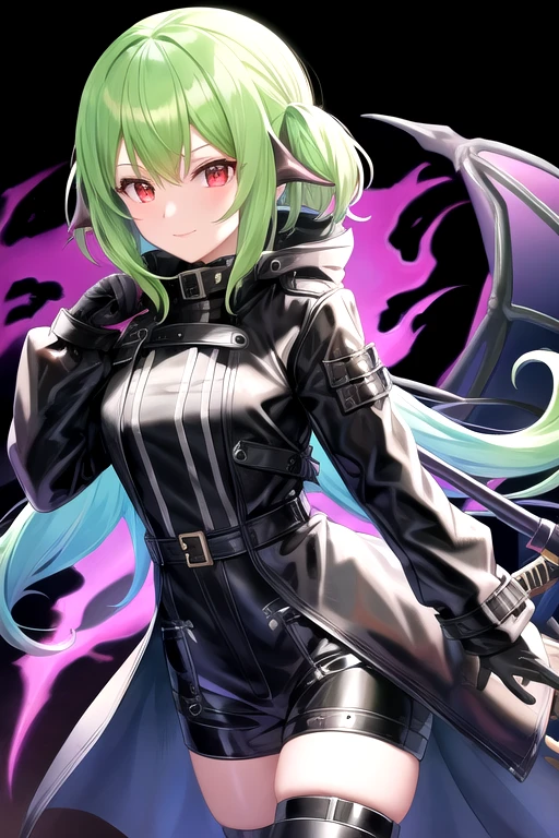 Waifu dragon slime with light armor and a dark trench coat, electronic mask, obsidian sword