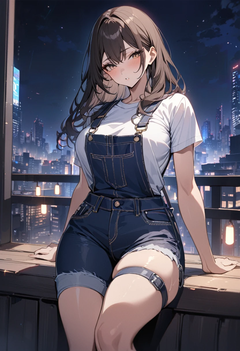 ((midnight, best quality, 8K, masterpiece :1.3)), whole body, Long legs, Clear focus :1.2, Beautiful woman with perfect body :1.4, Slim abdominal muscles :1.1, ((Dark brown hair, Large Breasts :1.2)), (White Tight T-shirt, Overalls Jeans, permanent:1.2), ((City night scene, roof:1.3)), Highly detailed face and skin textures, Delicate eyes, Double eyelids