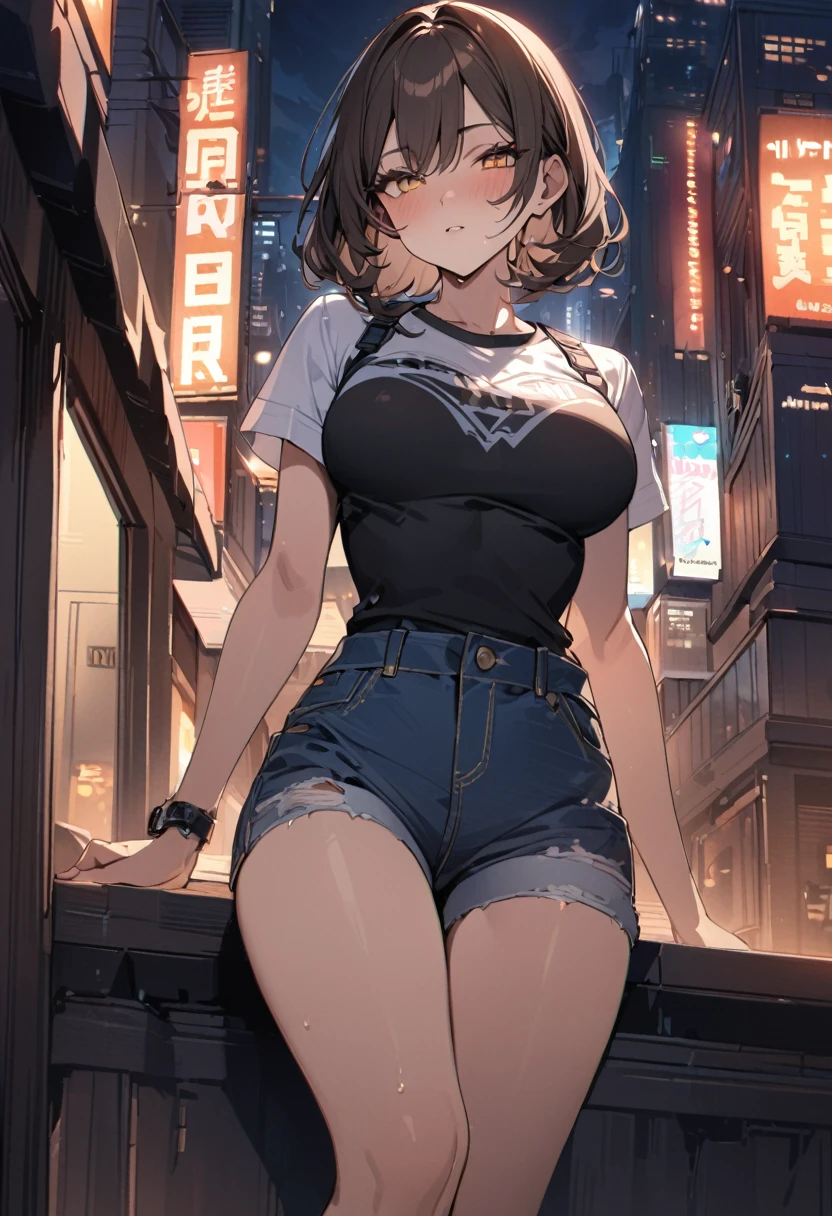 ((midnight, best quality, 8K, masterpiece :1.3)), whole body, Long legs, Clear focus :1.2, Beautiful woman with perfect body :1.4, Slim abdominal muscles :1.1, ((Dark brown hair, Large Breasts :1.2)), (White Tight T-shirt, Overalls Jeans, permanent:1.2), ((City night scene, roof:1.3)), Highly detailed face and skin textures, Delicate eyes, Double eyelids