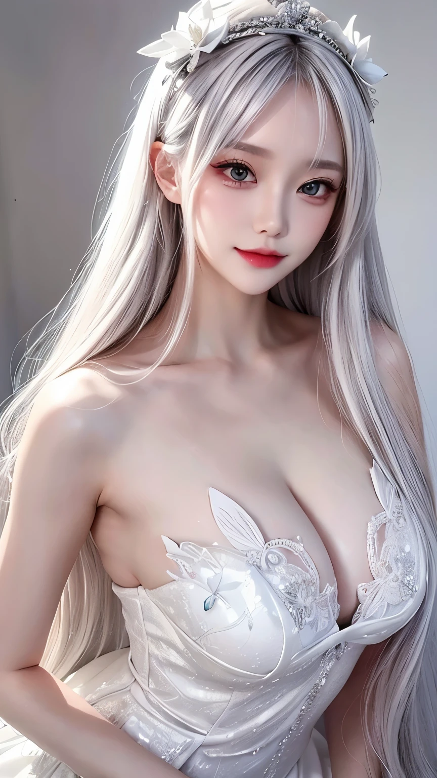 Silver Hair,Butterfly,Long white hair,White Wedding Dress,8k wallpaper,Detailed background,Maximum resolution,Deep V Big,hair covering one eye,Strapless wedding dress,Chis,White Rose,Tight
