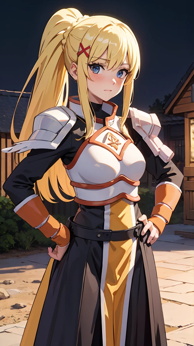 (masterpiece, best quality),  intricate details,
1girl,   <lora:Lalatina - Konosuba v1:0.8> lalatina, blonde hair, ponytail, x hair ornament, blue eyes, armor, pauldrons, breastplate, bracers, faulds, orange battleskirt, pelvic curtain, armored boots, bodysuit, black bodysuit + orange battleskirt
sweating, boob sweat, blushing,
outdoors, ground, battle, blood, dirty, scuffed,