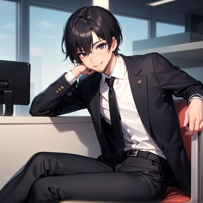 smile, 1boy, solo, black eyes, short hair, swept bangs, straight hair, black hair, beard, jacket, black jacket, collared shirt, necktie, black necktie, pants, black pants, white shirt, sitting, office