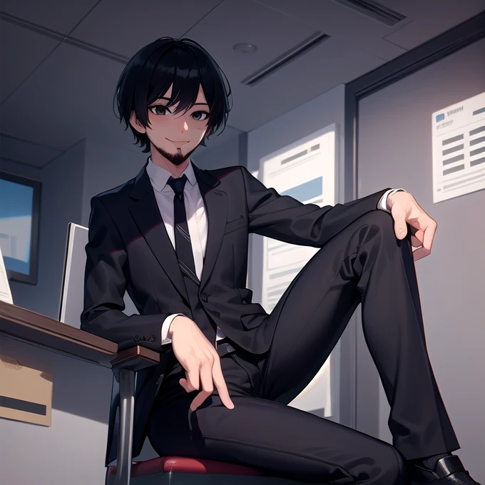 smile, 1boy, solo, black eyes, short hair, swept bangs, straight hair, black hair, beard, jacket, black jacket, collared shirt, necktie, black necktie, pants, black pants, white shirt, sitting, office