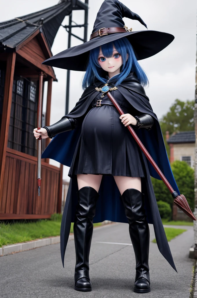 A woman wearing a blue cloak、Pregnant Witch、Hold the cane、Black Leather Boots、leather armor、Walking in the air
