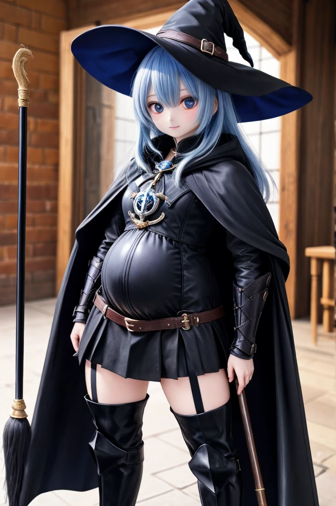 A woman wearing a blue cloak、Pregnant Witch、Hold the cane、Black Leather Boots、leather armor、Walking in the air