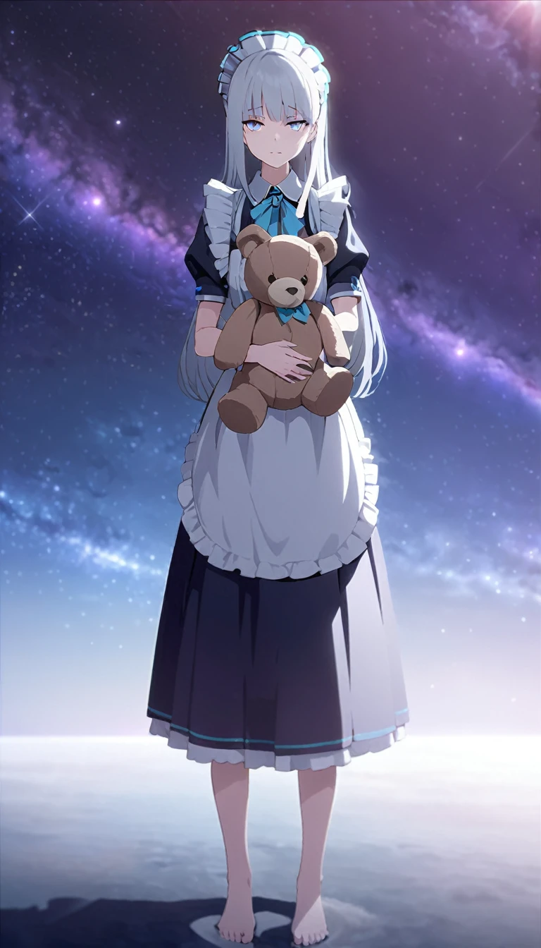 (((masterpiece))), (((best quality))),(((high detail))),light manipulation, girl with long silver hair, gradient purple to sky blue eyes, wearing a maid outfit, galaxy background, holding a teddy bear, feet, no footwear, straight face, standing