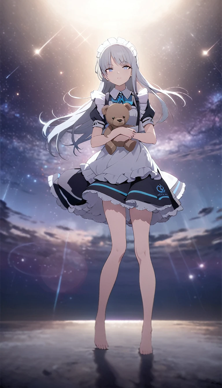(((masterpiece))), (((best quality))),(((high detail))),light manipulation, girl with long silver hair, gradient purple to sky blue eyes, wearing a maid outfit, galaxy background, holding a teddy bear, feet, no footwear, straight face, standing