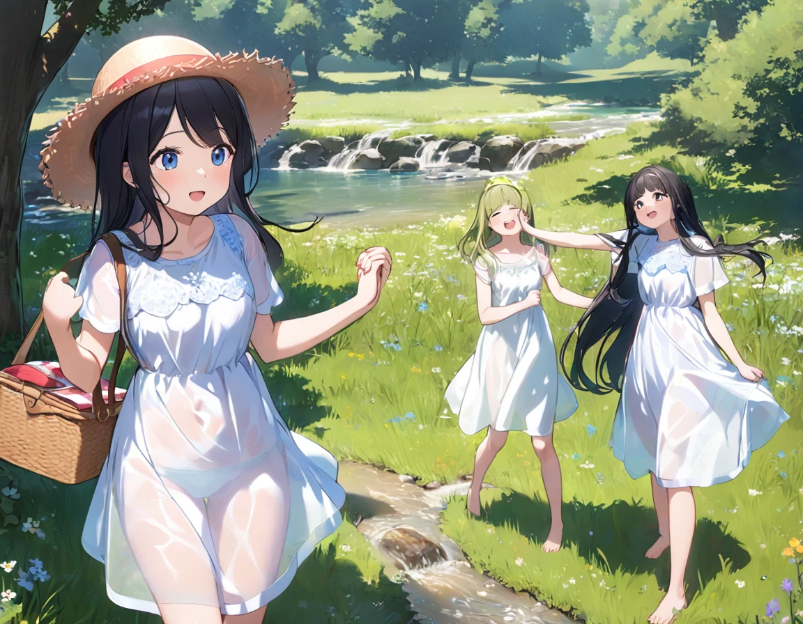 Straw hat、Girl with long black hair、(White dress、See-through blue bra)、(Underwear peeking out from under the dress、Showing off cute blue underwear)、(barefoot、cute leather shoeoderately large、Standing posture、Two sisters around high  holding hands、A meadow with a small stream running through it、picnic