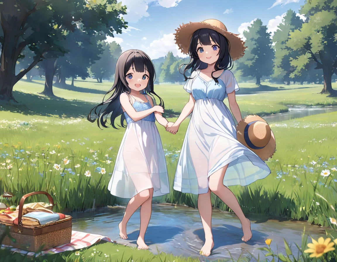 Straw hat、Girl with long black hair、(White dress、See-through blue bra)、(Underwear peeking out from under the dress、Showing off cute blue underwear)、(barefoot、cute leather shoeoderately large、Standing posture、Two sisters around high school age holding hands、A meadow with a small stream running through it、picnic