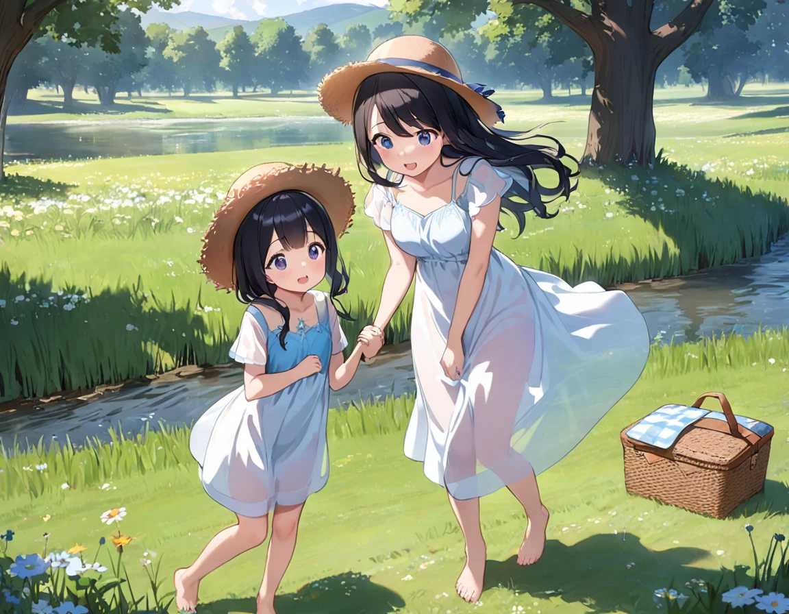 Straw hat、Girl with long black hair、(White dress、See-through blue bra)、(Underwear peeking out from under the dress、Showing off cute blue underwear)、(barefoot、cute leather shoeoderately large、Standing posture、Two sisters around high  holding hands、A meadow with a small stream running through it、picnic