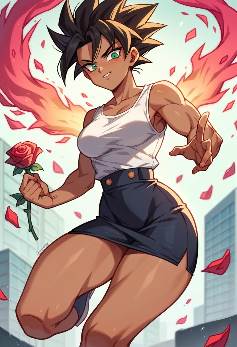 1 girl ,Saiyan,  rose hair combed back, green eyes,slim, thin waist, wide hips, brown skin color, medium breasts, white top, short black skirt , fly in the city, stay in city, flying, hot aura, strong aura, strong energy, rose energy, rose aura, big aura