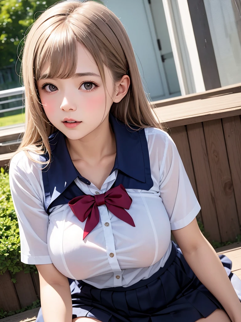 (best quality, detailed), ((cute)),(((****))), 1girl, (big breasts),outdoor,(orgasm),pay attention to the chest, orgasm,(school uniform),(realistic),student,wet,baby face, , pov, looking at viewer, ,((vulgarity)),white bra,open shirt,spread legs,pov,blonde hair