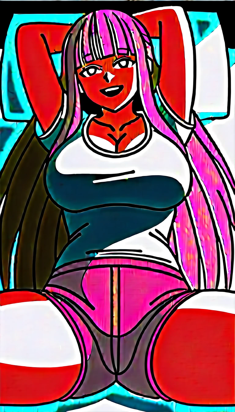 score_9, score_8_up, score_7_up, source_anime, 1girl, fern \(sousou no frieren\), purple hair, long hair, blunt bangs, half updo, best quality, masterpiece, ultra-detailed, high quality, highres, 1girl, beautiful, beautiful and perfect face, detailed eyes, detailed eyelashes, smile, open mouth, looking at viewer, (white t-shirt, pink shorts), large breasts, cleavage, curvy body, lying on bed, sexy red dress, large breasts, sweating, armpits, arm up, spreads legs, pov, close shot, from the front view,
