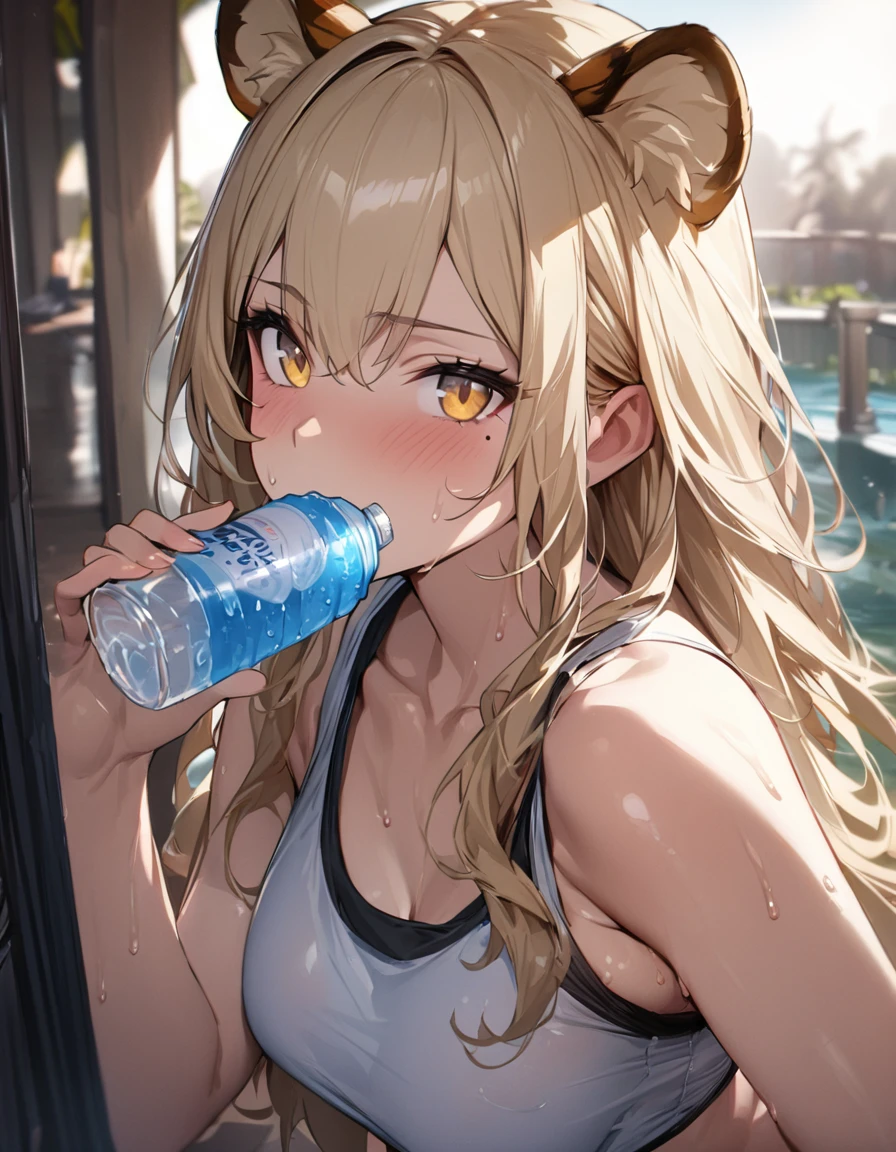 1girl、(((best quality)), ((masterpiece)), (details), masterpiece, best quality, high quality, ulutra detailed, perfect face, ((1girl, blond eyes, tiger ears: 1.3 blond long hair: 2.5,Mole under left eye：2.0))、Shiny Hair、Glowing Skin、Lustful look、Sideboob、Tank top、Swimsuit shorts、Waking up、living、Stay hydrated、Drink water、sunny、sun、Sweat
