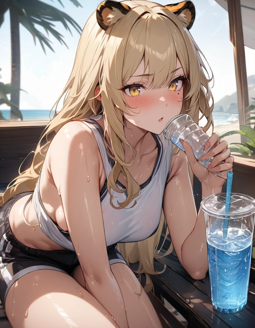1girl、(((best quality)), ((masterpiece)), (details), masterpiece, best quality, high quality, ulutra detailed, perfect face, ((1girl, blond eyes, tiger ears: 1.3 blond long hair: 2.5,Mole under left eye:2.0))、Shiny Hair、Glowing Skin、Lustful look、Sideboob、Tank top、Swimsuit shorts、Waking up、living、Stay hydrated、Drink water、sunny、sun、Sweat