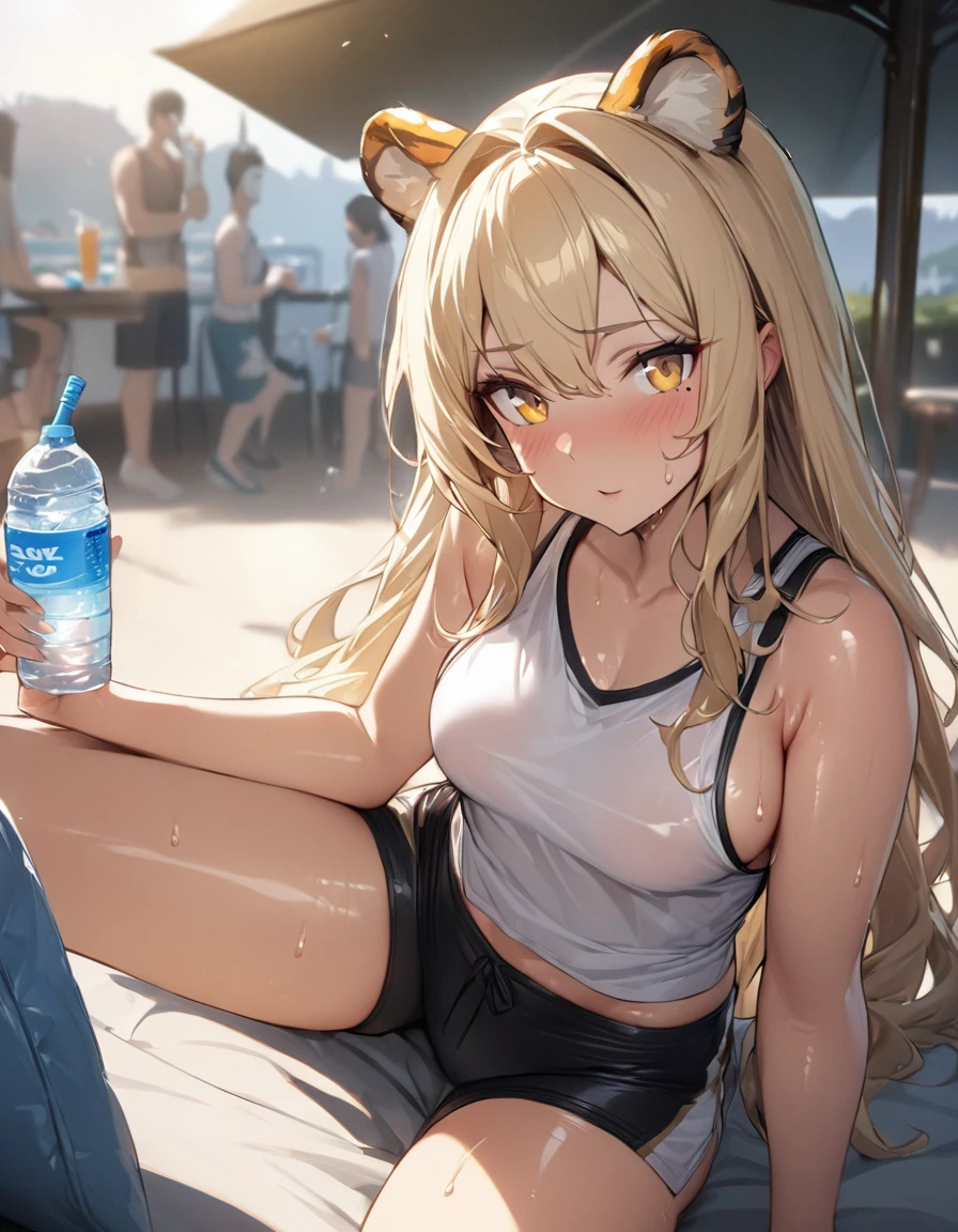 1girl、(((best quality)), ((masterpiece)), (details), masterpiece, best quality, high quality, ulutra detailed, perfect face, ((1girl, blond eyes, tiger ears: 1.3 blond long hair: 2.5,Mole under left eye:2.0))、Shiny Hair、Glowing Skin、Lustful look、Sideboob、Tank top、Swimsuit shorts、Waking up、living、Stay hydrated、Drink water、sunny、sun、Sweat