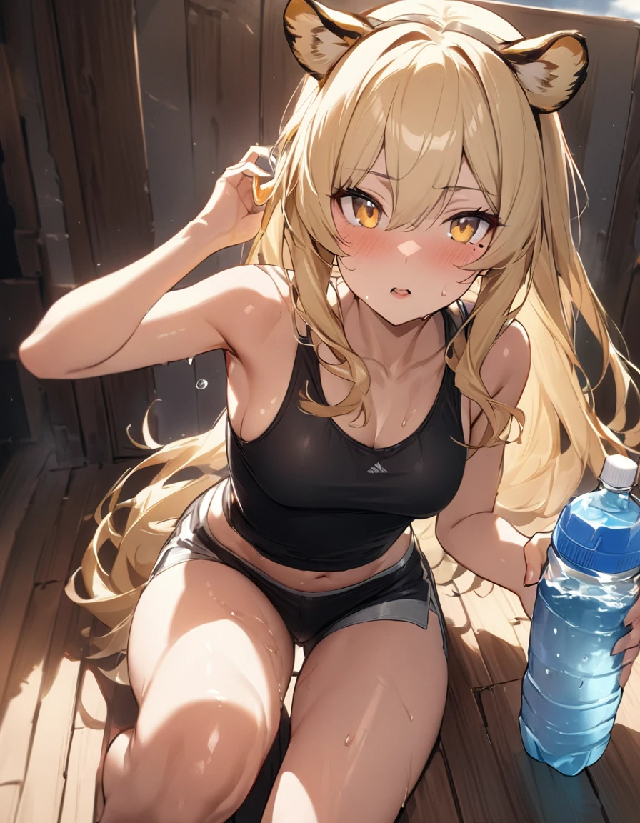 1girl、(((best quality)), ((masterpiece)), (details), masterpiece, best quality, high quality, ulutra detailed, perfect face, ((1girl, blond eyes, tiger ears: 1.3 blond long hair: 2.5,Mole under left eye:2.0))、Shiny Hair、Glowing Skin、Lustful look、Sideboob、Tank top、Swimsuit shorts、Waking up、living、Stay hydrated、Drink water、sunny、sun、Sweat