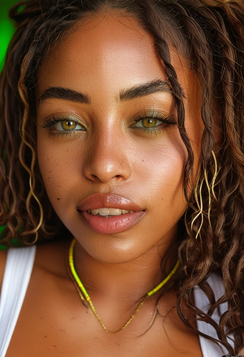 close-up, smile, looking at the viewer, photogenic, photogenic brow, (((masterpiece))), ((high quality)), (((ultra detailed))), high spec, best quality, sharp focus, 32K, (((reggae dancer))), (Brazilian lady), (dark skin), (((dreadlocks))), brown hair, green eyes, better eyes, perfect body, cleavage, better hands, better face, better fingers, nightclub, (Ibiza beach), , [(At the Club district BACKGROUND:1.5), ::5] HEXAGON,photorealism,  highly detailed,African Girl, African Woman, dark skin, Brown skin, Dark brown skin