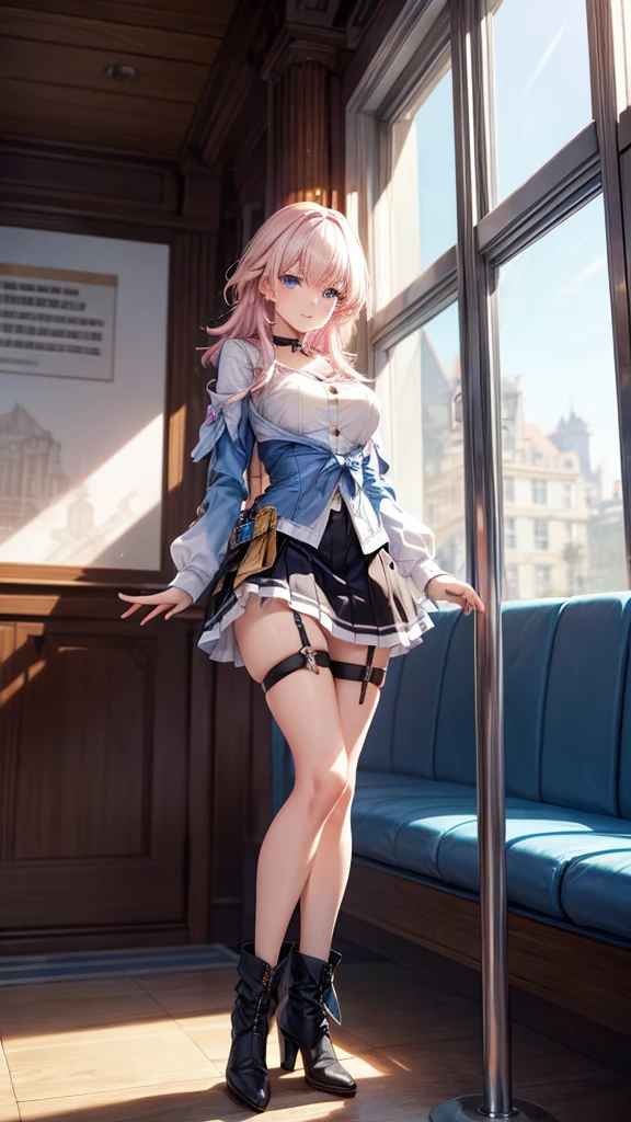 a beautiful young woman, light pink hair,  big blue eyes, ankle boots, archery shooting glove, badge, bare legs, black choker, black corset, black footwear, black gloves, blue jacket, blue skirt, boots, button badge, buttons, choker, collarbone, corset, earrings, flower ornament, gloves, high heel boots, high heels, jacket, jewelry, long sleeves, miniskirt, partially fingerless gloves, pleated skirt, shirt, showing blue lace panties, single earring, single glove, skirt, thigh strap, tied jacket, underbust, white shirt, blue lace panties,  detailed panties, skirt lift, flipped my skirt, innocent looking, beautiful detailed eyes, beautiful detailed lips, extremely detailed face, long eyelashes, sexy poseing in train station, sunlight streaming through the windows, intricate architectural details, gleaming metal and glass, warm color palette, cinematic lighting, photorealistic, 8k, high quality, DSLR, HDR