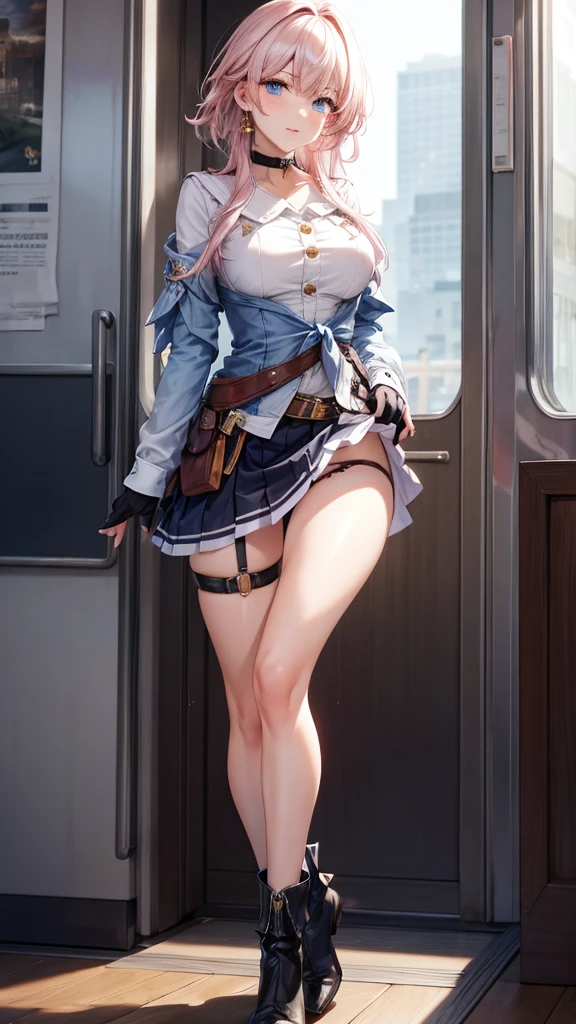 a beautiful young woman, light pink hair,  big blue eyes, ankle boots, archery shooting glove, badge, bare legs, black choker, black corset, black footwear, black gloves, blue jacket, blue skirt, boots, button badge, buttons, choker, collarbone, corset, earrings, flower ornament, gloves, high heel boots, high heels, jacket, jewelry, long sleeves, miniskirt, partially fingerless gloves, pleated skirt, shirt, showing blue lace panties, single earring, single glove, skirt, thigh strap, tied jacket, underbust, white shirt, blue lace panties,  detailed panties, skirt lift, flipped my skirt, innocent looking, beautiful detailed eyes, beautiful detailed lips, extremely detailed face, long eyelashes, sexy poseing in train station, sunlight streaming through the windows, intricate architectural details, gleaming metal and glass, warm color palette, cinematic lighting, photorealistic, 8k, high quality, DSLR, HDR