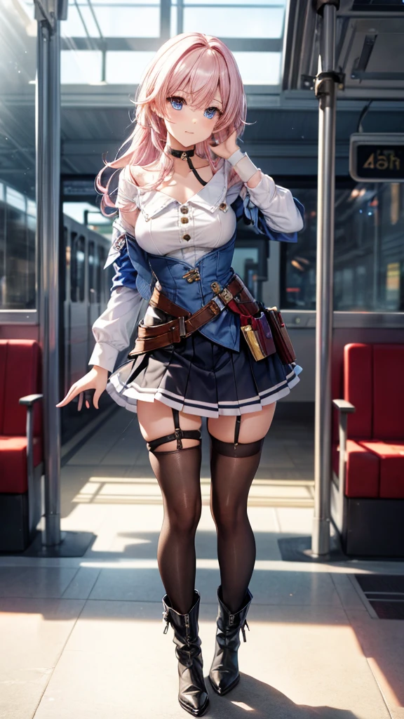 a beautiful young woman, light pink hair,  big blue eyes, ankle boots, archery shooting glove, badge, bare legs, black choker, black corset, black footwear, black gloves, blue jacket, blue skirt, boots, button badge, buttons, choker, collarbone, corset, earrings, flower ornament, gloves, high heel boots, high heels, jacket, jewelry, long sleeves, miniskirt, partially fingerless gloves, pleated skirt, shirt, showing blue lace panties, single earring, single glove, skirt, thigh strap, tied jacket, underbust, white shirt, blue lace panties,  detailed panties, skirt lift, flipped my skirt, innocent looking, beautiful detailed eyes, beautiful detailed lips, extremely detailed face, long eyelashes, sexy poseing in train station, sunlight streaming through the windows, intricate architectural details, gleaming metal and glass, warm color palette, cinematic lighting, photorealistic, 8k, high quality, DSLR, HDR