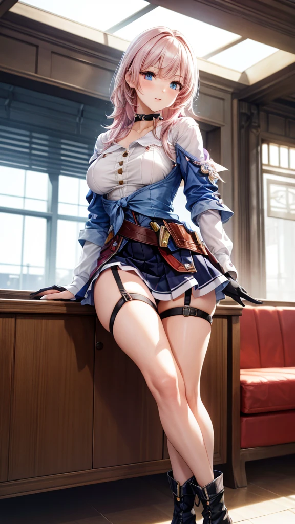 a beautiful young woman, light pink hair,  big blue eyes, ankle boots, archery shooting glove, badge, bare legs, black choker, black corset, black footwear, black gloves, blue jacket, blue skirt, boots, button badge, buttons, choker, collarbone, corset, earrings, flower ornament, gloves, high heel boots, high heels, jacket, jewelry, long sleeves, miniskirt, partially fingerless gloves, pleated skirt, shirt, showing blue lace panties, single earring, single glove, skirt, thigh strap, tied jacket, underbust, white shirt, blue lace panties,  detailed panties, skirt lift, flipped my skirt, innocent looking, beautiful detailed eyes, beautiful detailed lips, extremely detailed face, long eyelashes, sexy poseing in train station, sunlight streaming through the windows, intricate architectural details, gleaming metal and glass, warm color palette, cinematic lighting, photorealistic, 8k, high quality, DSLR, HDR
