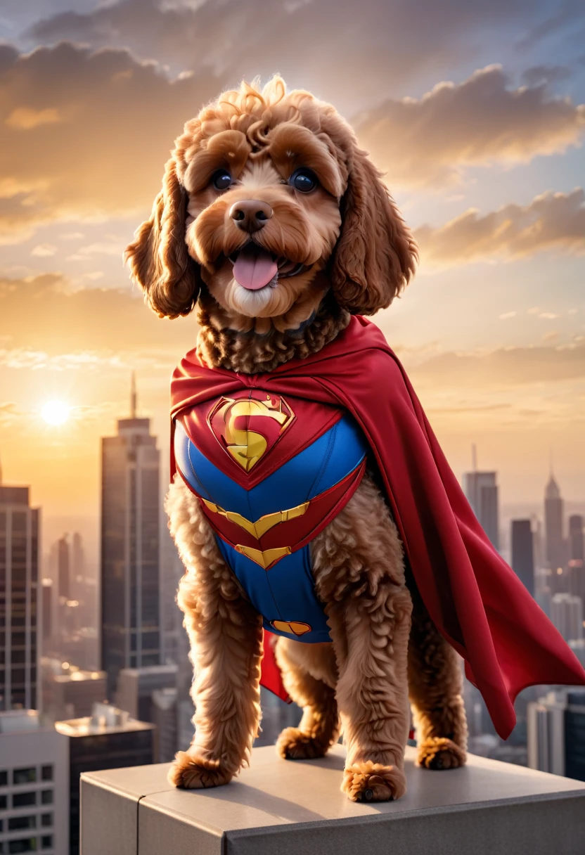 A brown Cavapoodle wearing a superhero costume, including a cape and mask, standing heroically on top of a tall building, overlooking a cityscape at dusk. The background features a dramatic sky with the sun setting