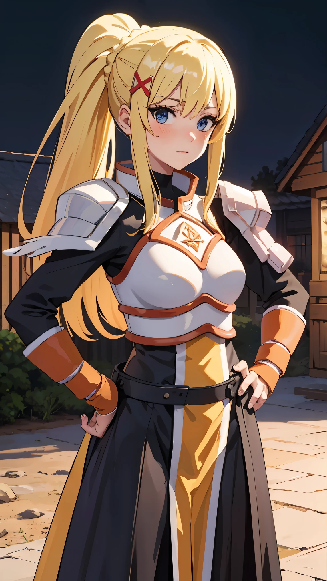 masterpiece, Highest image quality, ultra high resolution, blonde hair, long hair with pony tail, hair ornament, armor, knight, city background, medieval, village, old houses, hands on hips, facing the viewer, looking at the viewer, blushing, red face