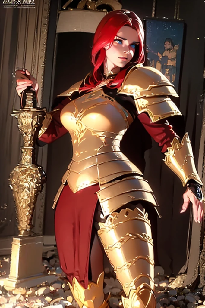 A giant 4.5 meter tall female goddess, with copper red hair, golden eyes, wearing red knight armor, muscular build, carrying a large mace, intimidating expression, round nose, (best quality,4k,8k,highres,masterpiece:1.2),ultra-detailed,(realistic,photorealistic,photo-realistic:1.37),epic fantasy,dark fantasy,dramatic lighting,dramatic atmosphere,cinematic,dramatic pose,highly detailed facial features,extremely intricate armor details,glowing energy effects
