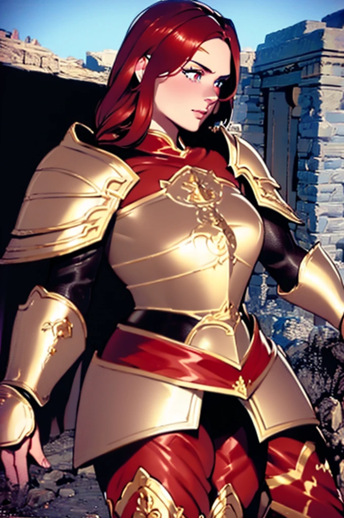 A giant 4.5 meter tall female goddess, with copper red hair, golden eyes, wearing red knight armor, muscular build, carrying a large mace, intimidating expression, round nose, (best quality,4k,8k,highres,masterpiece:1.2),ultra-detailed,(realistic,photorealistic,photo-realistic:1.37),epic fantasy,dark fantasy,dramatic lighting,dramatic atmosphere,cinematic,dramatic pose,highly detailed facial features,extremely intricate armor details,glowing energy effects