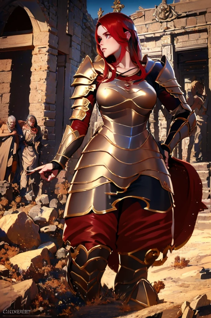 A giant 4.5 meter tall female goddess, with copper red hair, golden eyes, wearing red knight armor, muscular build, carrying a large mace, intimidating expression, round nose, (best quality,4k,8k,highres,masterpiece:1.2),ultra-detailed,(realistic,photorealistic,photo-realistic:1.37),epic fantasy,dark fantasy,dramatic lighting,dramatic atmosphere,cinematic,dramatic pose,highly detailed facial features,extremely intricate armor details,glowing energy effects