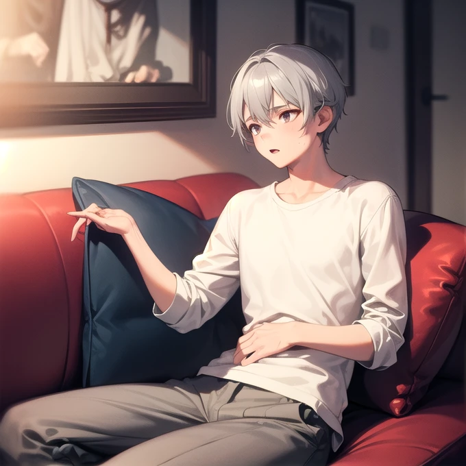 1boy, solo, 60 years old, grey hair, shirt, pants, sitting, sofa, indoors