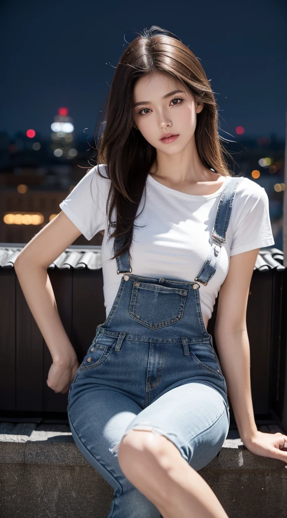 ((midnight, best quality, 8K, masterpiece :1.3)), whole body, Long legs, Clear focus :1.2, Beautiful woman with perfect body :1.4, Slim abdominal muscles :1.1, ((Dark brown hair, Large Breasts :1.2)), (White Tight T-shirt, Overalls Jeans, permanent:1.2), ((City night scene, roof:1.3)), Highly detailed face and skin textures, Delicate eyes, Double eyelids