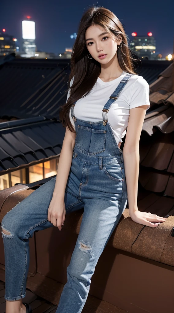 ((midnight, best quality, 8K, masterpiece :1.3)), whole body, Long legs, Clear focus :1.2, Beautiful woman with perfect body :1.4, Slim abdominal muscles :1.1, ((Dark brown hair, Large Breasts :1.2)), (White Tight T-shirt, Overalls Jeans, permanent:1.2), ((City night scene, roof:1.3)), Highly detailed face and skin textures, Delicate eyes, Double eyelids