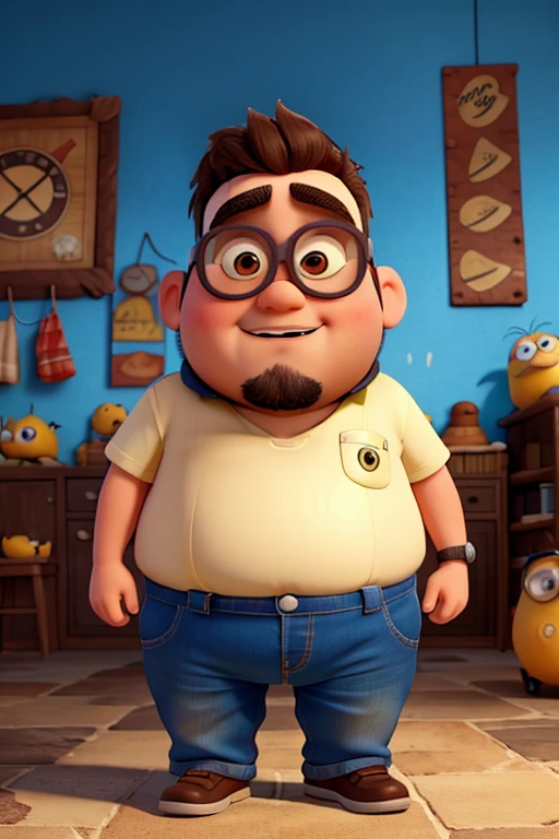 Bernardo, a fat boy with a goatee and short hair, in the shape of a minion surrounded by food