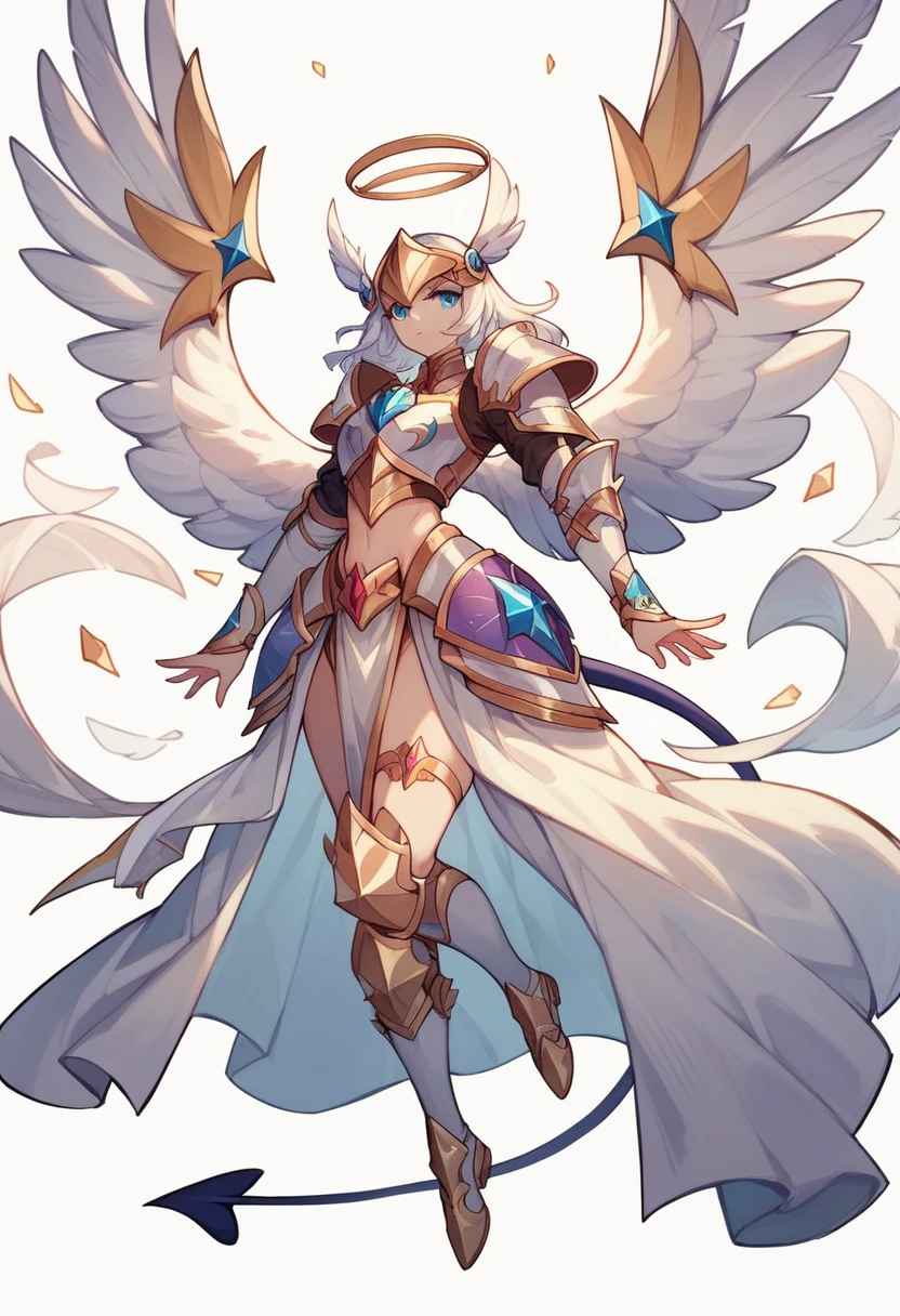 colorin page, Highres, best quality, extremely detailed, several pairs of wings, (((female divine knight armor))) , helmet knight whith spikes, full armor gold, 1 angel girl whith feathered white Wings, demon white wings in the middle of the waist, girl whith 1 mini small dragon tail, one blue eye and one green, HD, 8k, full_body, (((white background))), ((white_accesories)), dynamic pose