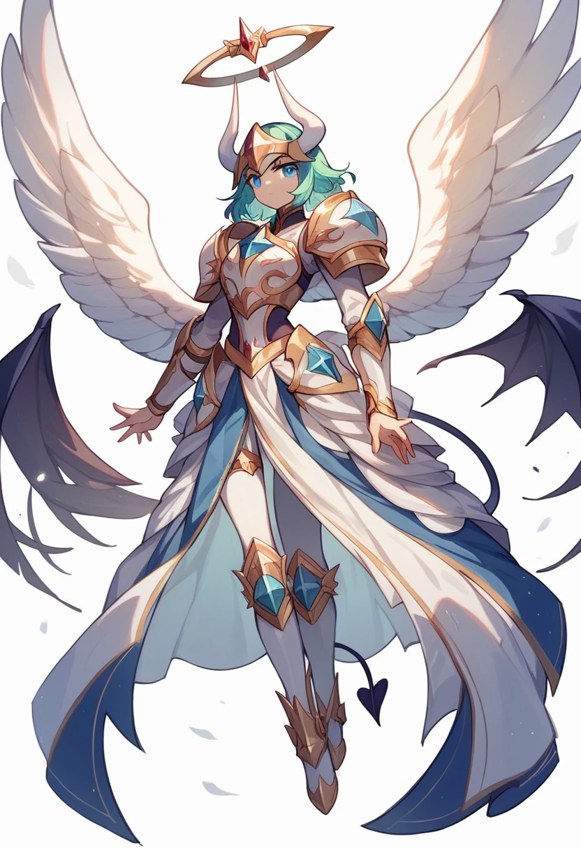 colorin page, Highres, best quality, extremely detailed, several pairs of wings, (((female divine knight armor))) , helmet knight whith spikes, full armor gold, 1 angel girl whith feathered white Wings, demon white wings in the middle of the waist, girl whith 1 mini small dragon tail, one blue eye and one green, HD, 8k, full_body, (((white background))), ((white_accesories)), dynamic pose
