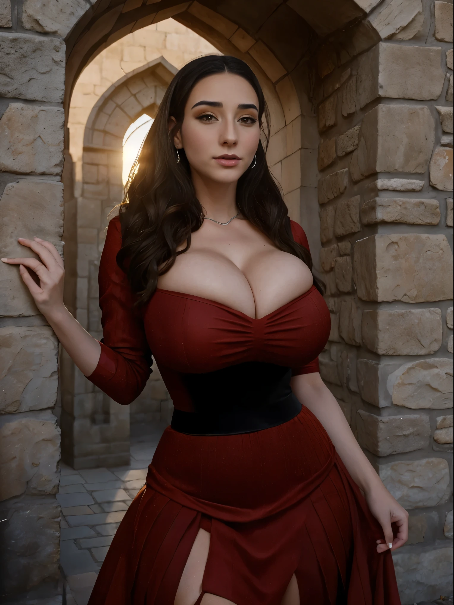 Gorgeous and sultry  athletic (thin) brunette queen with sharp facial features wearing a modest updo, dark red medieval dress, long sleeves, wide neck, crown, veil, long dress, modest dress, tight bodice, silver (waist chain), medieval jewelry, Middle Ages, castle, rampart, wall, exterior, on top of a castle wall, trees, countryside, evening, sunset.