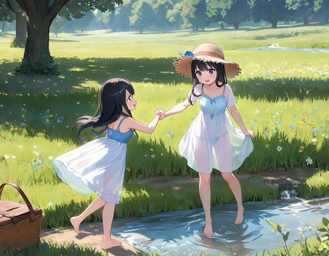 Straw hat、Girl with long black hair、(White dress、See-through blue bra)、(Underwear peeking out from under the dress、Showing off cute blue underwear)、(barefoot、cute leather shoeoderately large、Standing posture、Two sisters around high school age holding hands、A meadow with a small stream running through it、picnic