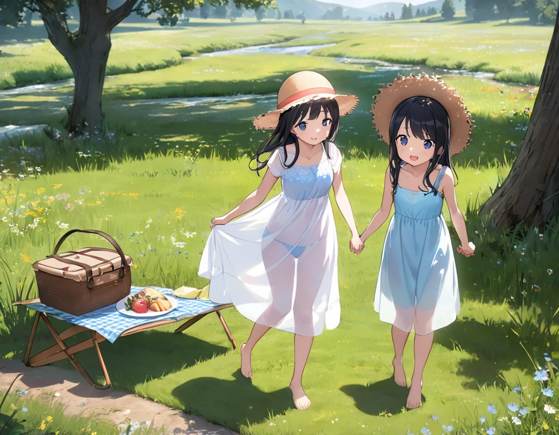 Straw hat、Girl with long black hair、(White dress、See-through blue bra)、(Underwear peeking out from under the dress、Showing off cute blue underwear)、(barefoot、cute leather shoeoderately large、Standing posture、Two sisters around high school age holding hands、A meadow with a small stream running through it、picnic