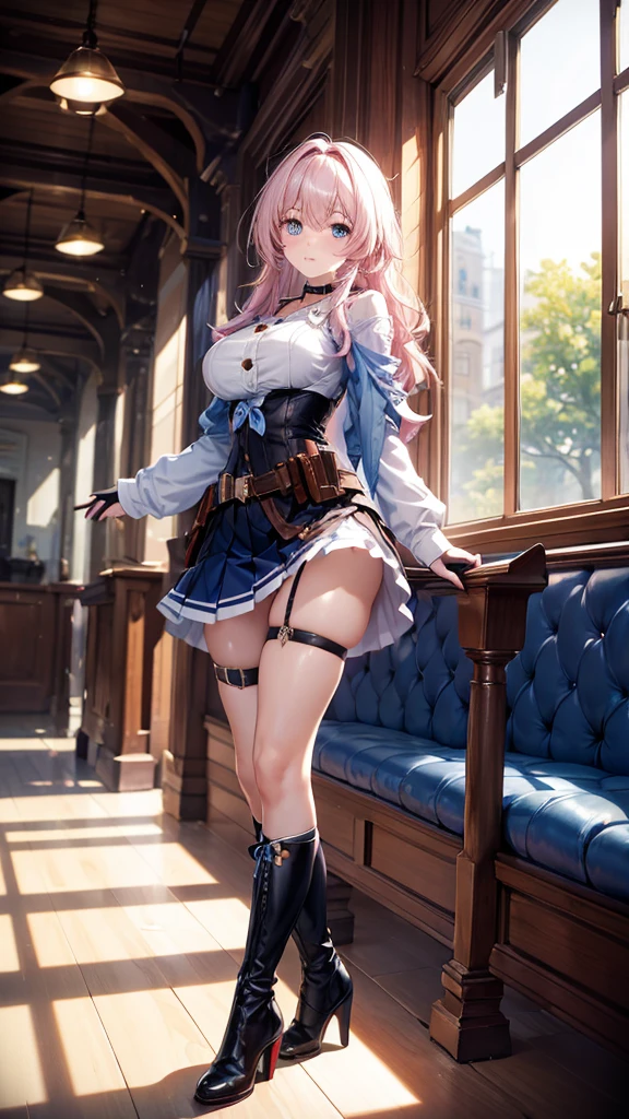 a beautiful young woman, light pink hair,  big blue eyes, ankle boots, archery shooting glove, badge, bare legs, black choker, black corset, black footwear, black gloves, blue jacket, blue skirt, boots, button badge, buttons, choker, collarbone, corset, earrings, flower ornament, gloves, high heel boots, high heels, jacket, jewelry, long sleeves, miniskirt, partially fingerless gloves, pleated skirt, shirt, showing blue lace panties, single earring, single glove, skirt, thigh strap, tied jacket, underbust, white shirt, blue lace panties,  detailed panties, skirt lift, flipped my skirt, innocent looking, beautiful detailed eyes, beautiful detailed lips, extremely detailed face, long eyelashes, sexy poseing in train station, sunlight streaming through the windows, intricate architectural details, gleaming metal and glass, warm color palette, cinematic lighting, photorealistic, 8k, high quality, DSLR, HDR