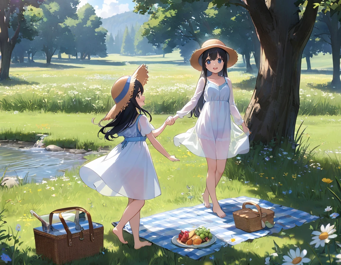 Straw hat、Girl with long black hair、(White dress、See-through blue bra)、(Underwear peeking out from under the dress、Showing off cute blue underwear)、(barefoot、cute leather shoeoderately large、Standing posture、Two sisters around high  holding hands、A meadow with a small stream running through it、picnic