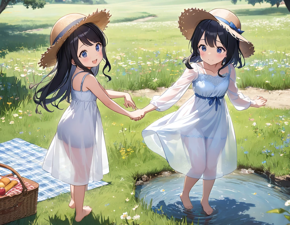 Straw hat、Girl with long black hair、(White dress、See-through blue bra)、(Underwear peeking out from under the dress、Showing off cute blue underwear)、(barefoot、cute leather shoeoderately large、Standing posture、Two sisters around high school age holding hands、A meadow with a small stream running through it、picnic