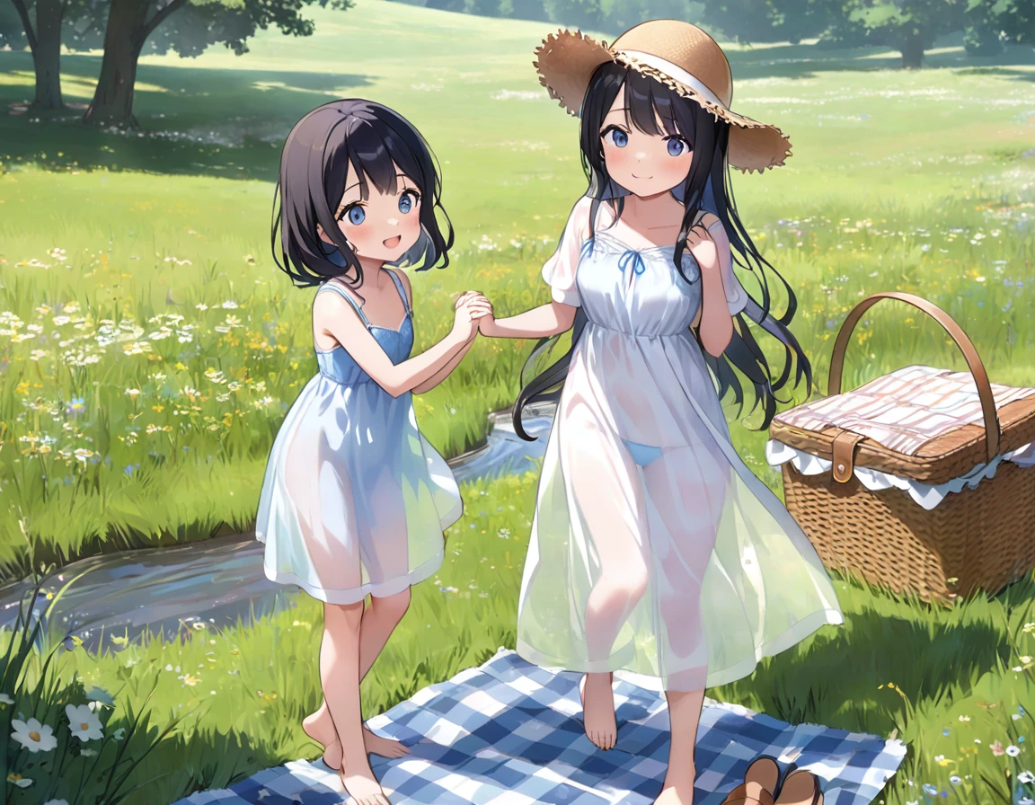 Straw hat、Girl with long black hair、(White dress、See-through blue bra)、(Underwear peeking out from under the dress、Showing off cute blue underwear)、(barefoot、cute leather shoeoderately large、Standing posture、Two sisters around high school age holding hands、A meadow with a small stream running through it、picnic