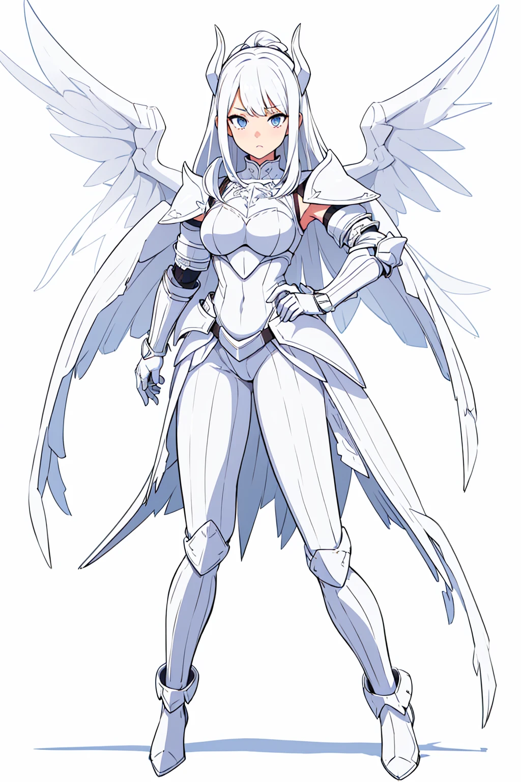 ((( white female knight armor))) dynamic pose, white hair, white_accesories, , white eyes, long hair, (((white background))).full body, High resolution, best quality, , several pairs of white wings, white female knight armor, (((white demon wings in the middle of the waist))), white small dragon tail, white eyes. white_clothes, HD, 8k, full_body, (((white_background))), white_accessories, (((female knight armor)))