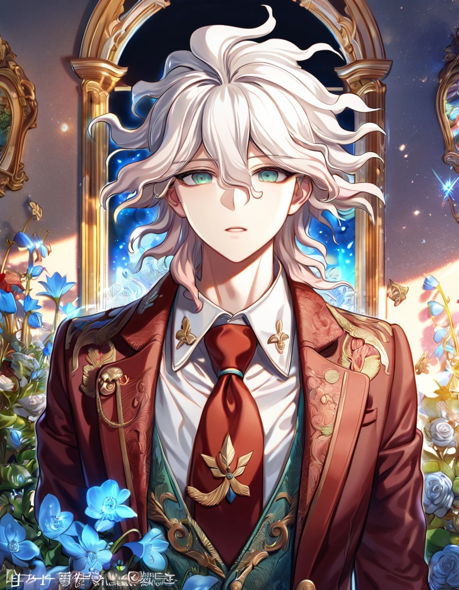 absurdres, highres, ultra detailed, HDR, master piece, Komaeda Nagito, white hair, expressive gray-green eyes, brown-red blazer, red tie, white shirt, Danganronpa, sexy man, room, handsome, best quality, flowers, fantasy, magical, solo, blue shining fireflies, blue petals, sensual