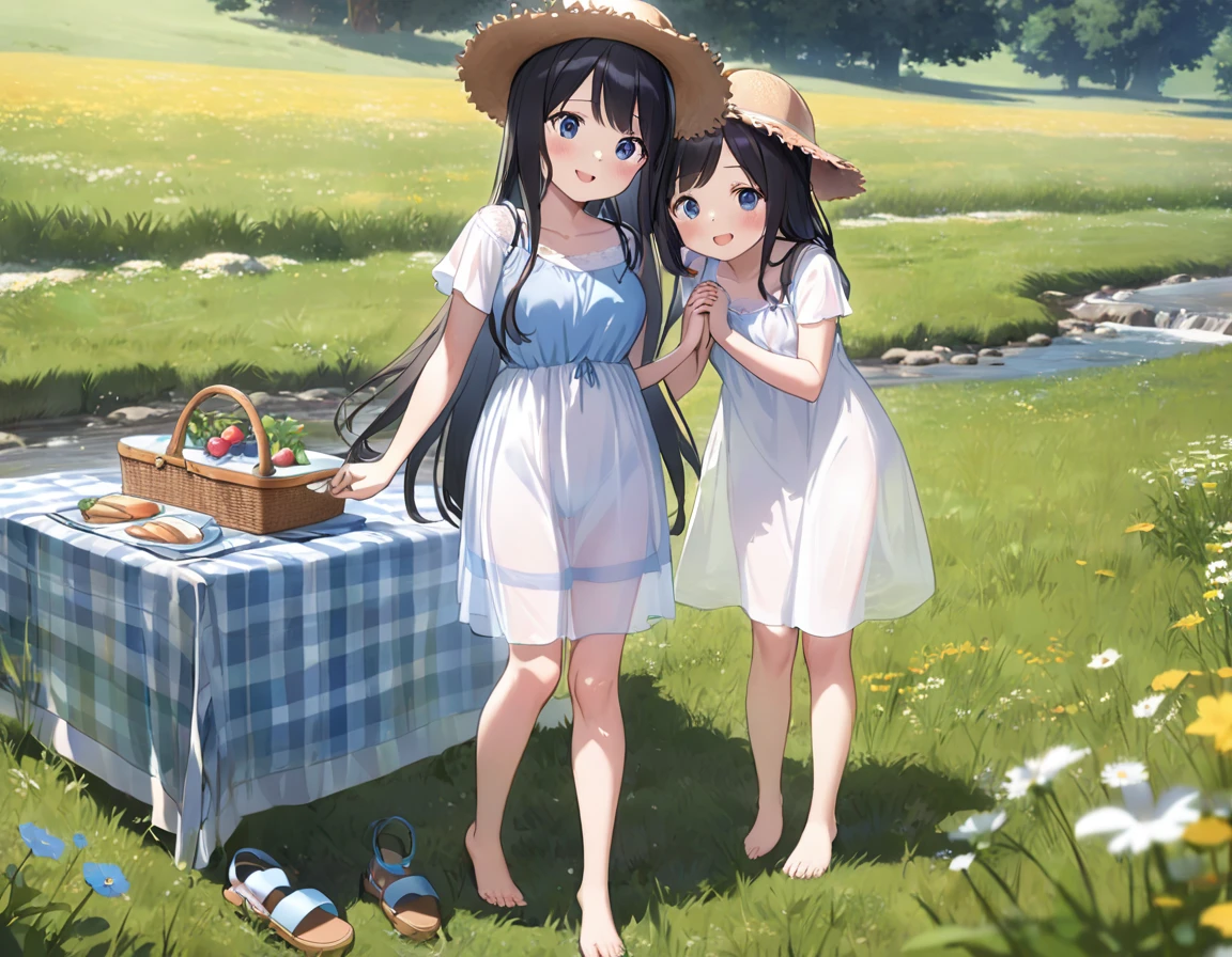 Straw hat、Girl with long black hair、(White dress、See-through blue bra)、(Underwear peeking out from under the dress、Showing off cute blue underwear)、(barefoot、cute leather shoeoderately large、Standing posture、Two sisters around high school age holding hands、A meadow with a small stream running through it、picnic